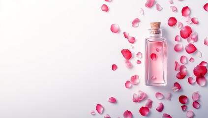 Pink rose petals surround a glass bottle