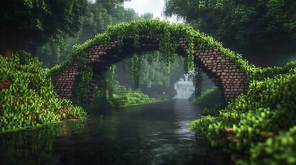 Mossy stone bridge over a peaceful river surrounded by dense greenery