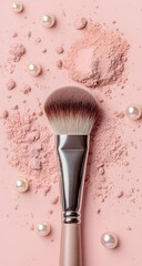 A soft flat lay of a makeup brush and powder on pastel peach. Pearls add charm to this feminine, high-res beauty scene.

