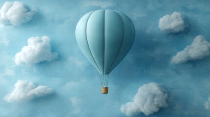Fototapeta premium Blue hot air balloon floating among fluffy white clouds