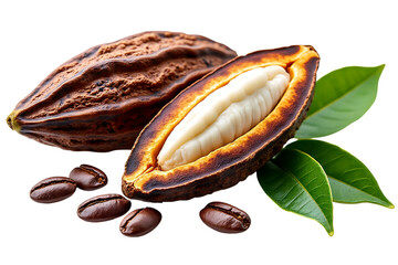Fresh cacao pod cut open revealing white beans and coffee beans isolated on transparent background