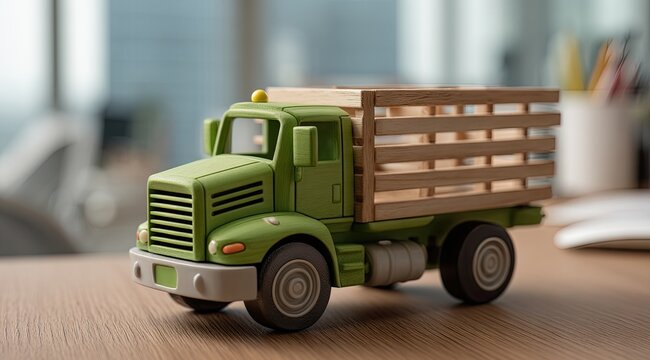 A green wooden toy semi-truck with a light brown wooden crate bed sits on a light brown wooden desk