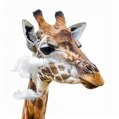 Obraz premium Giraffe Portrait with Clouds on White Background