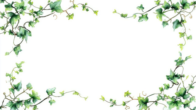 Watercolor ivy vines curling around a frame minimal on white
