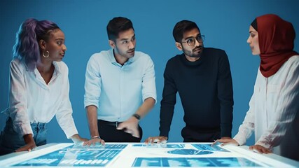 Diverse group of people collaborating around a large interactive table. - Powered by Adobe