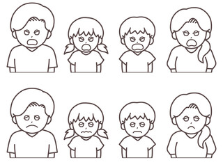 ムカムカ＆困った顔の家族イラスト(線画)