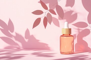 Pink backdrop with leaves and serum bottle.  Soft shadows cast