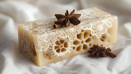 Elegant soap bar with lace, gears, anise, and spice. Textured yet soft, in warm tones on a white background.

