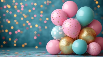 Festive balloons in pink, blue, and gold against bokeh background