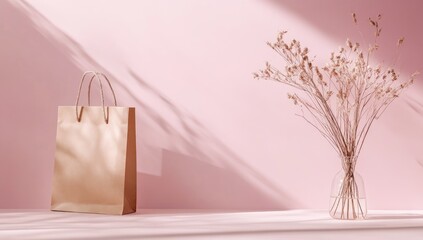 A light gold shopping bag sits on a light pink surface beside a glass vase with dried beige flowers.  Sunlight casts soft shadows