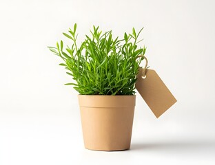 A paper pot with fresh grass and a tag, styled on a white background. Simple, eco, and clean visual concept.

