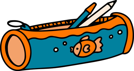 cartoon illustration of a pencil case with pen and pencil