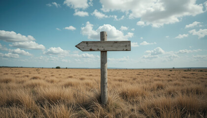 Old Wooden Signpost Pointing Left in Vast Dry Grassy Field Under Blue Sky
