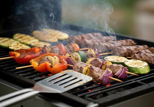 Mouth-Watering Close-Up of Grilled Vegetables and Meat Sizzling on Hot Grill Grates