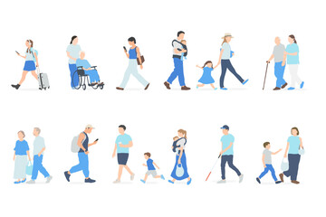 歩く人物セット（家族・親子・高齢者・多様な日常）／福祉支援ブルーVer