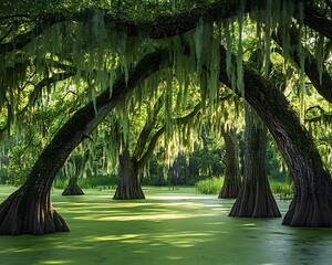 Mystical green swamp with ancient trees draped in hanging moss