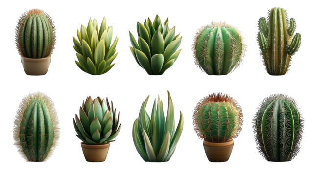 Ten potted cacti, various shapes, on black background