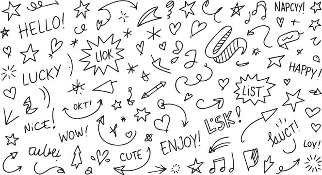 A collection of hand drawn doodles with stars and text elements