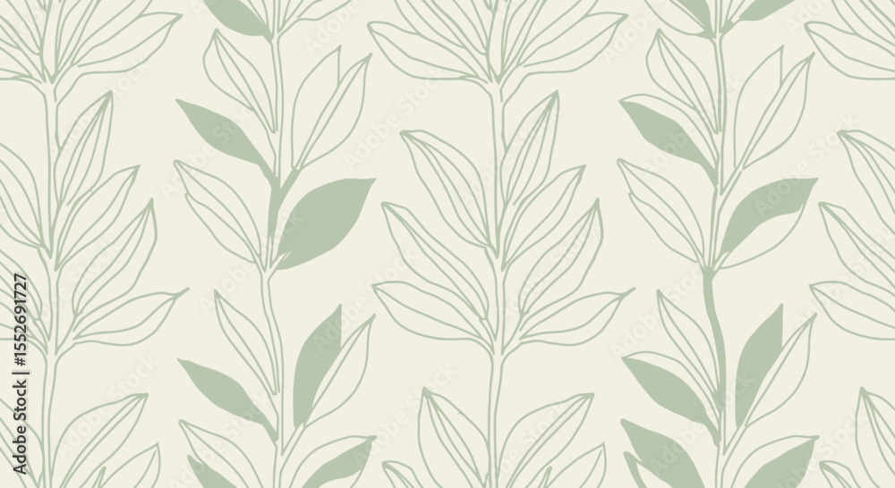 Poster elegant botanical repeat pattern with simple line art style in light green tones