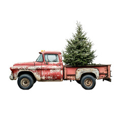 Rustic red truck carrying a Christmas tree for the holidays
