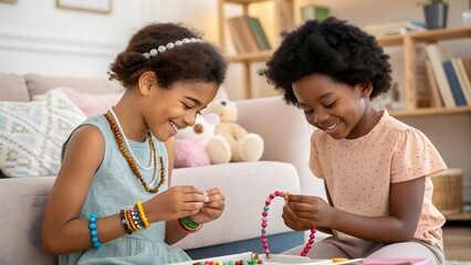 Two smiling african american girls making beaded jewelry together in a bright living room setting