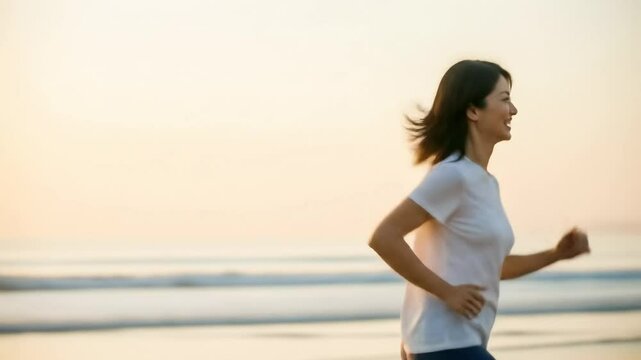 Joyful Morning Beach Run: A Smiling Asian Woman in a White T-Shirt and Gray Leggings Enjoys Exercising by the Ocean with a Friend During Sunrise