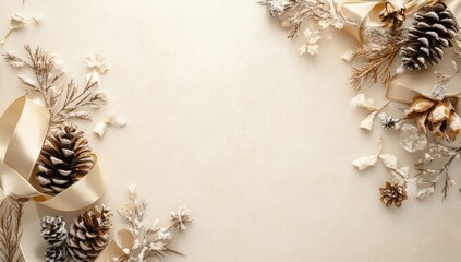 Beige backdrop adorned with gold-toned Christmas decorations