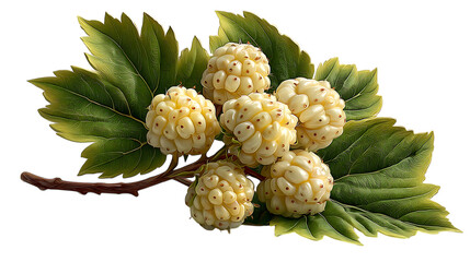A cluster of ripe white mulberries with green leaves on a branch isolated on transparent background
