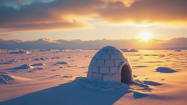 winter scene with snowy igloo on sunset. Fantastic landscape 