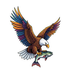 Fototapeta premium Majestic eagle flying with a fish in its talons, dynamic wildlife capture. Bird.