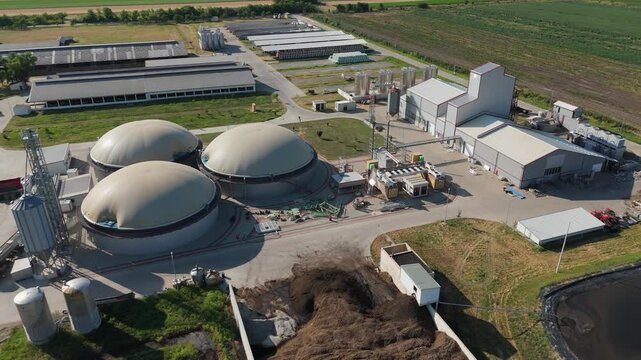 Aerial view of biogas plant for biomethane production.