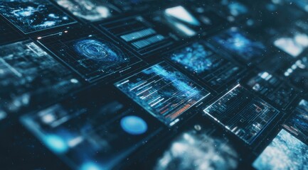 A digital wall displays numerous glowing blue screens, each filled with complex data visualizations, charts, and graphs; a futuristic technological interface