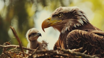 Obraz premium Bald Eagle with Chick in Nest