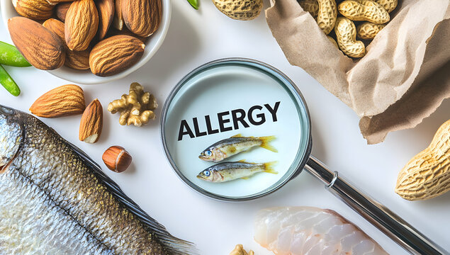 Food allergy test with nuts, fish, and peanuts - Powered by Adobe