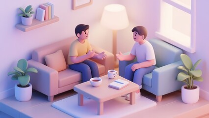 Two Cartoon Characters Engaging in a Conversation in a Cozy Living Room.
