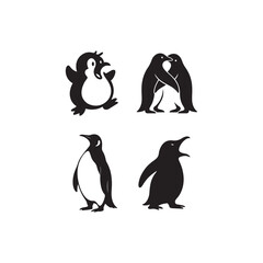 Naklejka premium Four penguin illustrations in black and white showing different poses and expressions on white