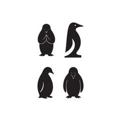 Naklejka premium Four penguin silhouettes in various poses on a white background in a vector format