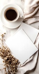 Simple cards and letter paper in soft beige, beside a warm drink and dried blooms. High detail, cozy mood.

