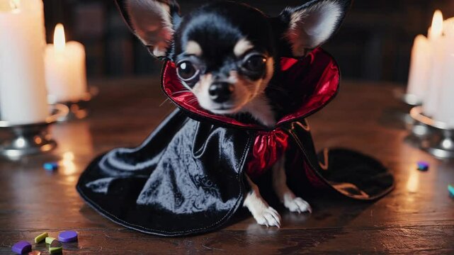 A small dog adorned in dracula costume sits on a wooden table surrounded by glowing candles and colorful confetti. The inviting atmosphere highlights the pet's adorable charm. Pet Halloween costume