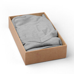 A neatly folded gray garment placed inside a simple cardboard box.