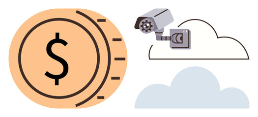 Dollar coin next to surveillance camera and cloud, signifying financial security, cloud storage, and monitoring. Ideal for finance, online safety, cloud computing, data security, cybersecurity IT
