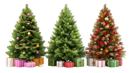 Three decorated Christmas trees with gifts beneath