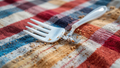 Used White Plastic Fork Lying on a Plaid Fabric with Food Crumbs After a Meal