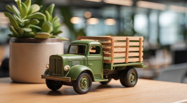 A miniature olive-green vintage truck with a wooden cargo bed sits on a light wood table beside a succulent in a beige pot, blurred office background