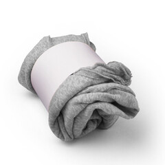 A rolled-up gray fabric secured with a band, likely for clothing or textile use.