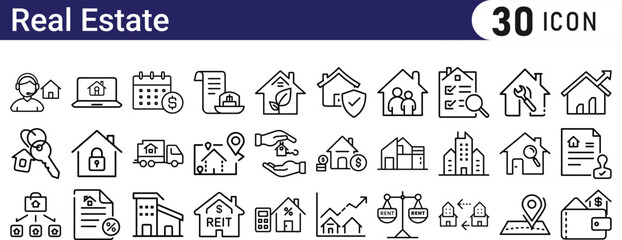 Real Estate line icon set. Vector illustration in modern thin line style of real estate related icons: property types, characteristics, documents, and more. Pictograms and infographics.