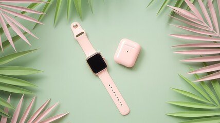 Pastel pink smartwatch and airpods case with palm leaves 1