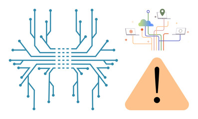 Blue circuit board lines, cloud and network connections with icons, and a triangular alert symbol. Ideal for technology, cybersecurity, AI, risk management, connectivity, data network communication