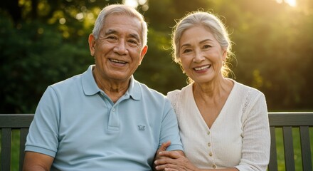Obraz premium Portrait of a smiling senior couple outdoors on a park bench happiness and affection in retirement