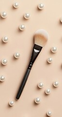 brush, and pearls in a soft peach setup on beige. Flat lay with high clarity and soft light—perfect for beauty brand visuals.

